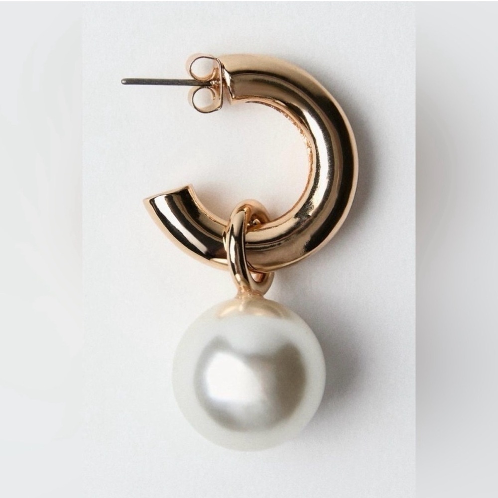 Zara PEARL HOOP EARRINGS Stud Back Closure NWT